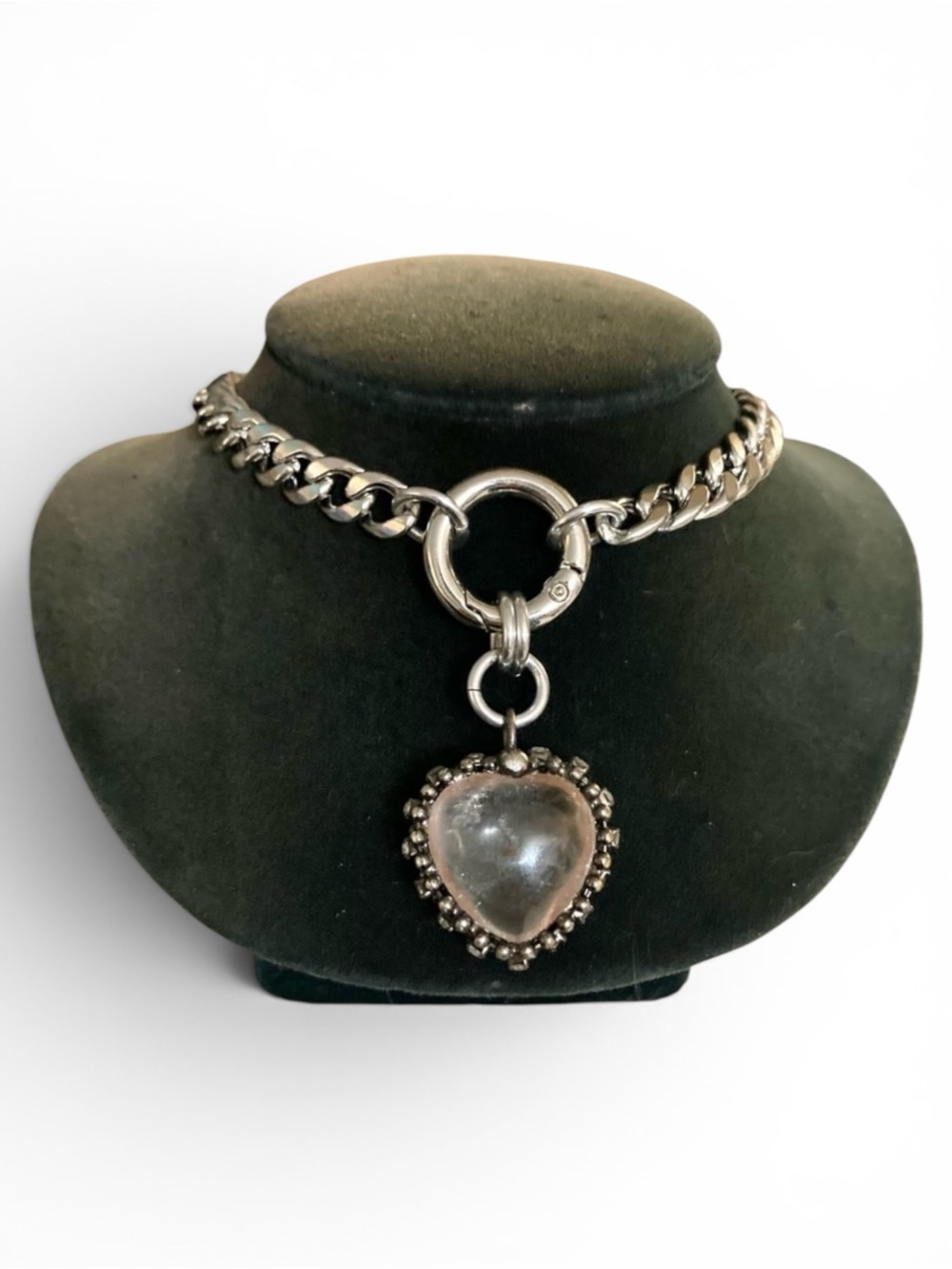 Genuine clear crystal quartz heart on cuban chain choker silver necklace - Picture 4 of 14